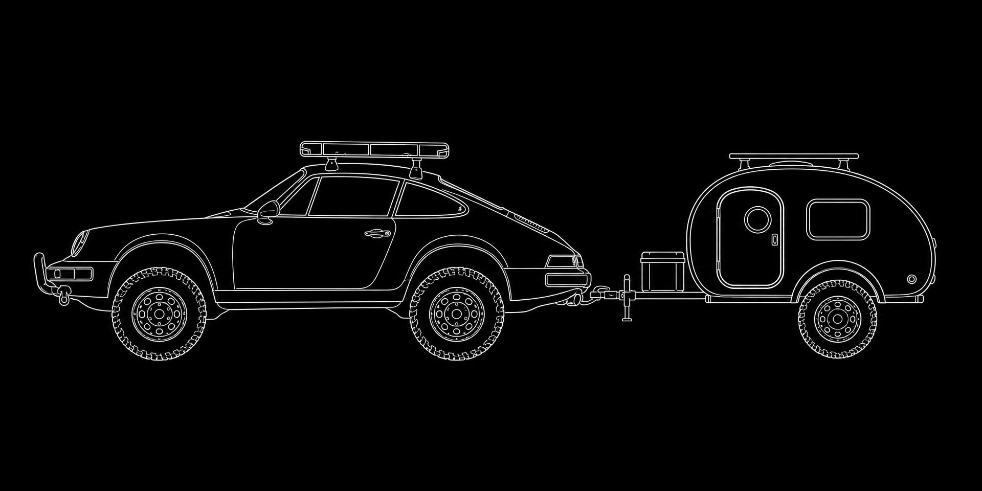 Line drawing of the Safari 911 towing its teardrop trailer